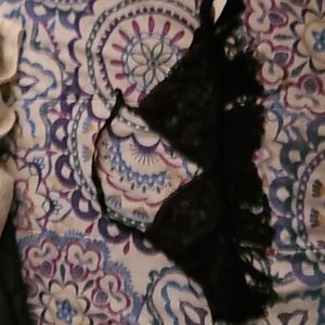 Seduction] black lace wireless bralette, with tassels all across strap. Sz. S